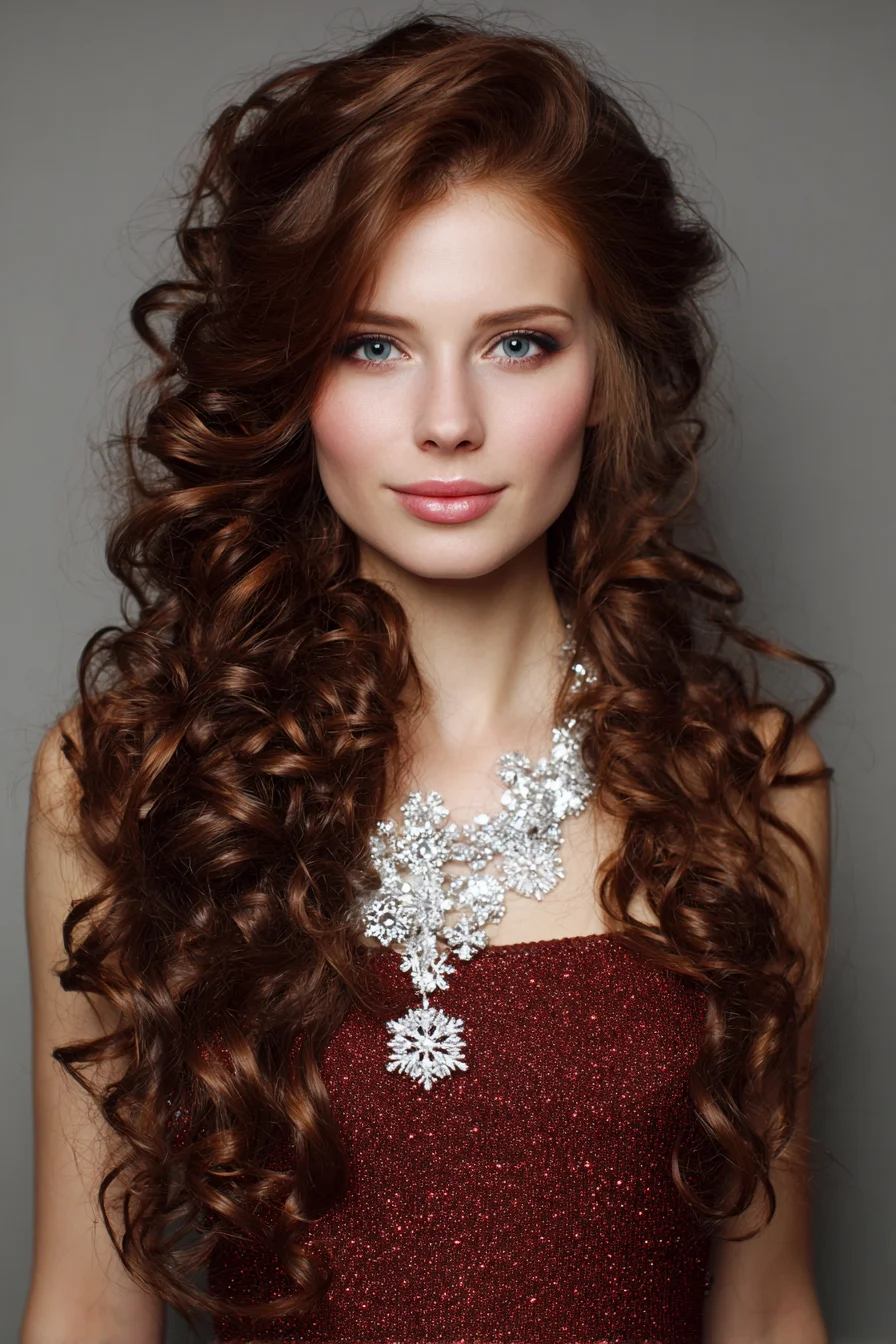 Long Voluminous Spiral Curls with Deep Side Part