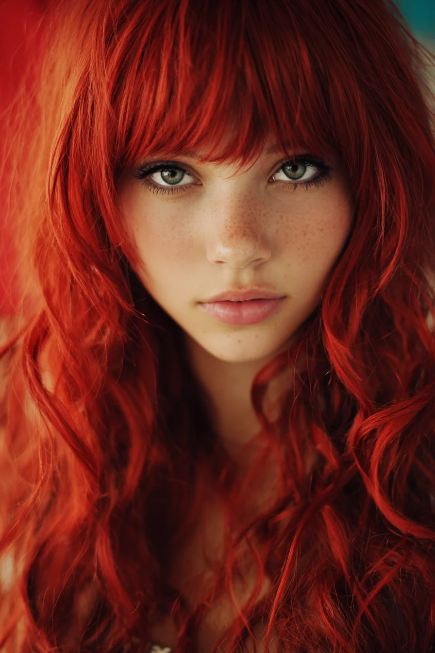 Long Wavy Red Hair with Blunt Fringe — Textured Beach Waves