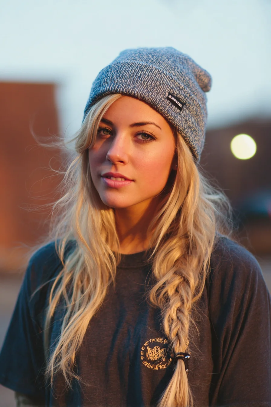 Loose Beachy Waves with Side Fishtail Braid (Beanie-Friendly)