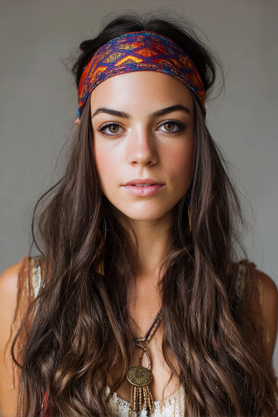 Loose Boho Waves with Printed Headband — Long Hair, Natural Texture