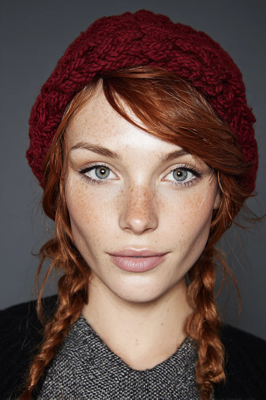 Loose Double Braids with Side‑Swept Bangs — Textured Red Hair Style