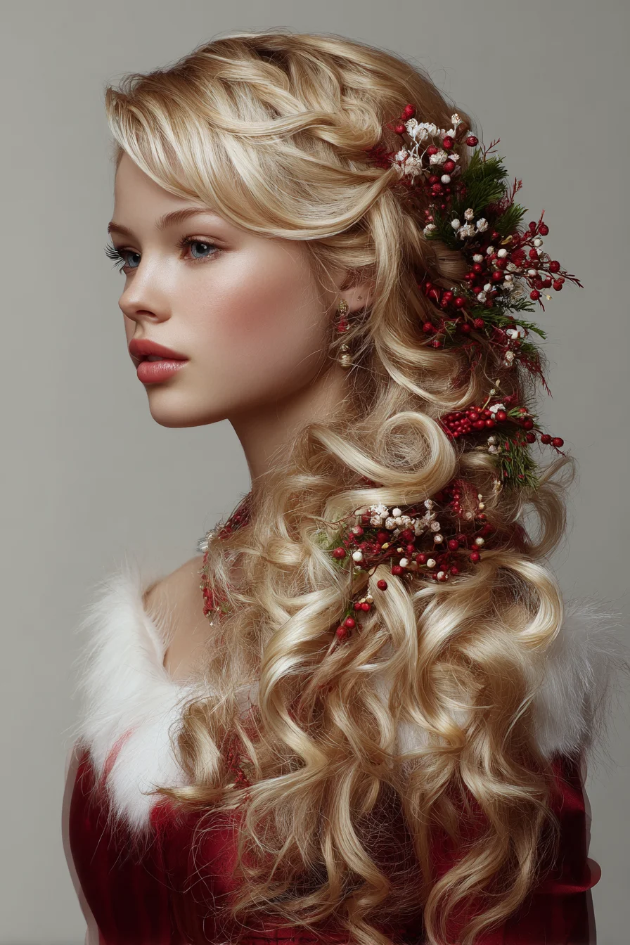 Loose Romantic Half‑Up Curls with Floral Berry Accents