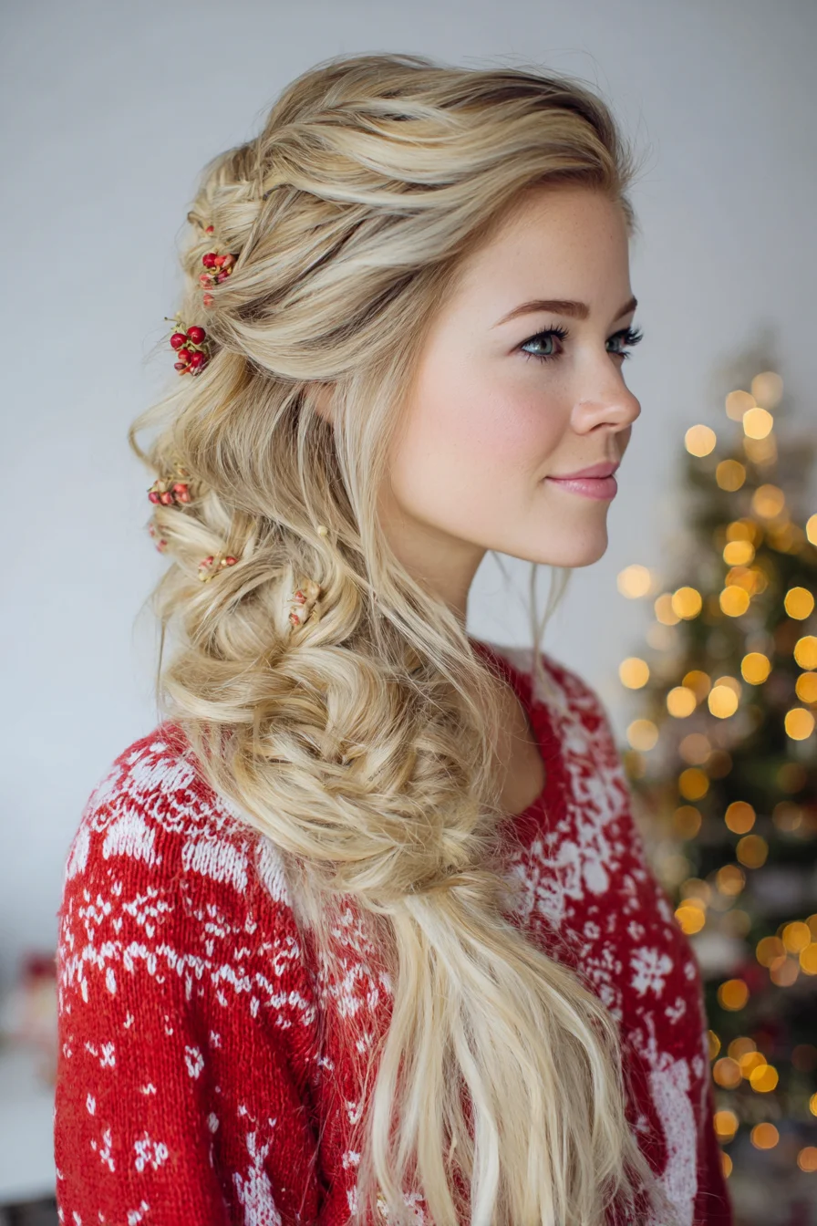 Loose Romantic Side Braid with Twisted Crown — Holiday Bridal Hairstyle
