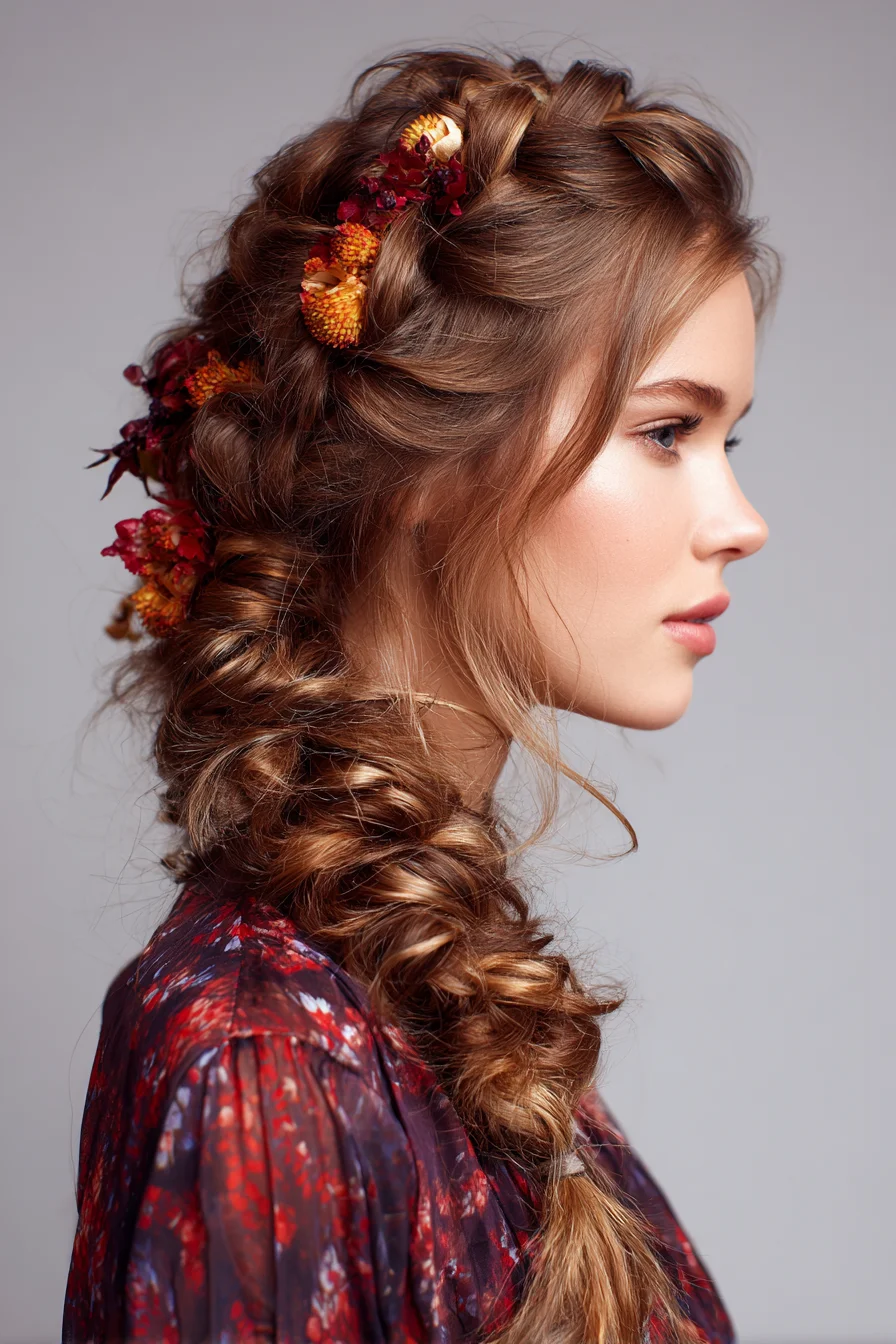 Loose Textured Dutch Braid into Romantic Twisted Fishtail with Floral Accents