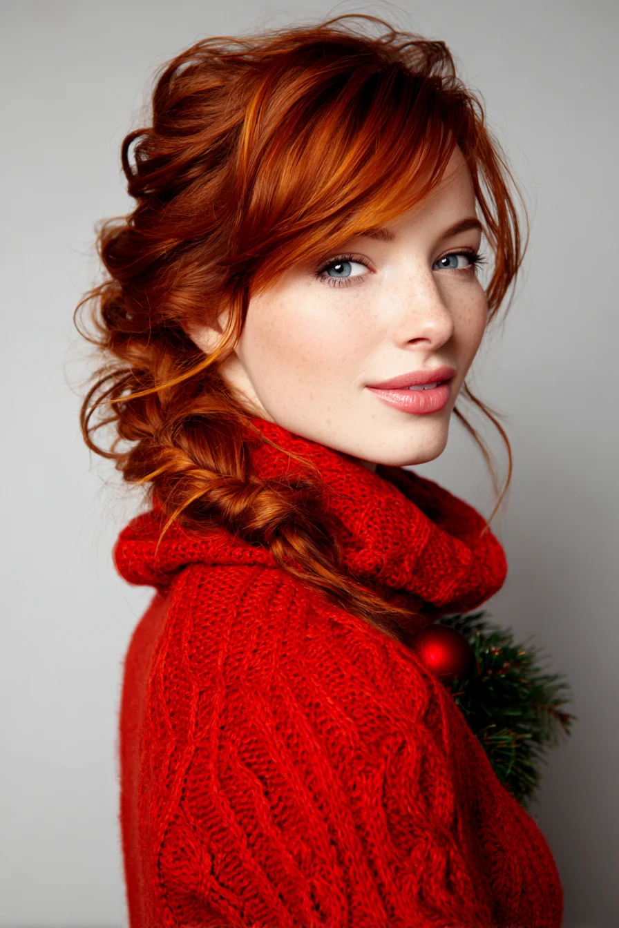 Loose Textured Side Braid with Face‑Framing Waves and Side‑Swept Bangs