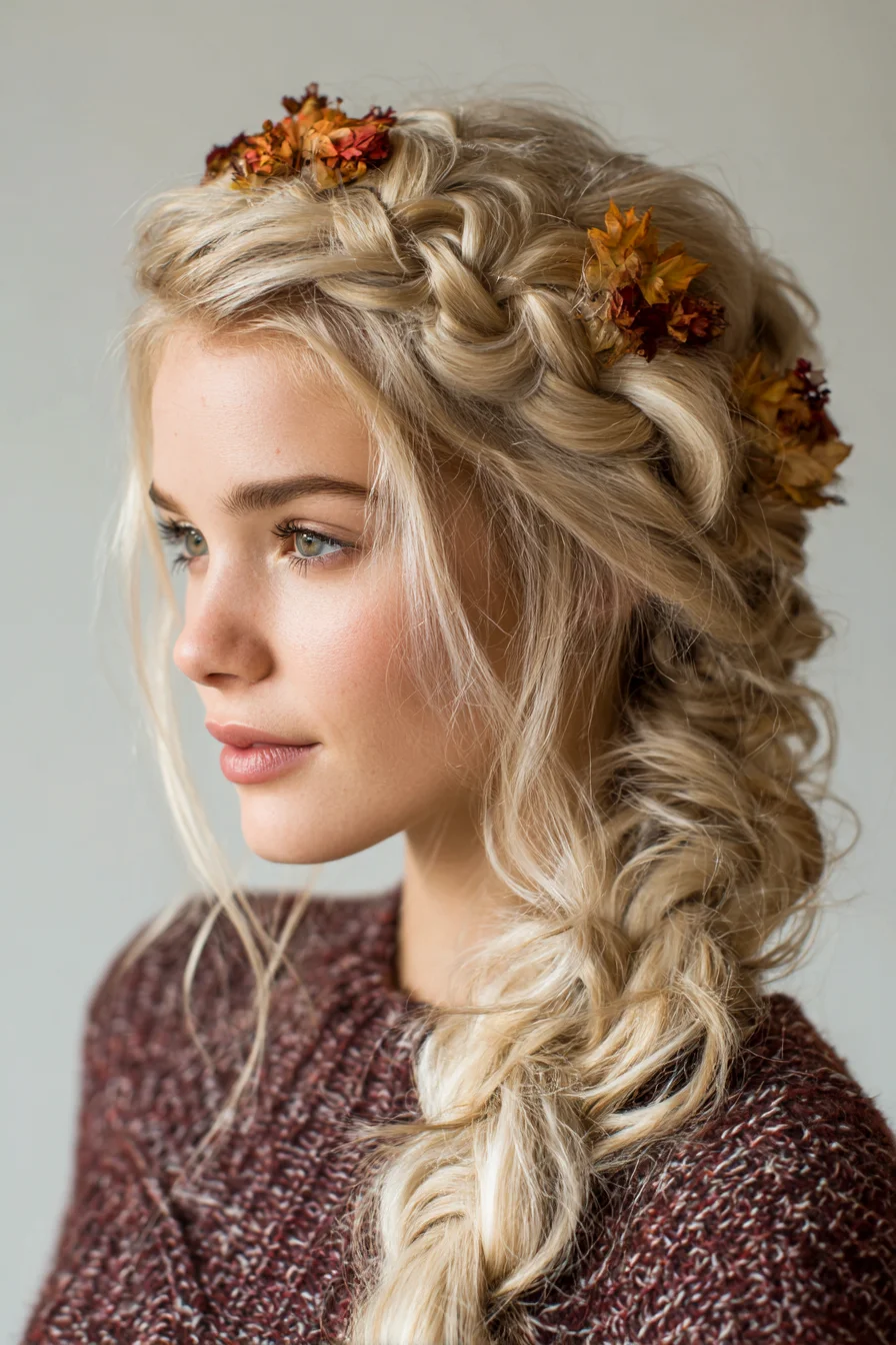 Loose Textured Side Dutch Braid with Floral Accents