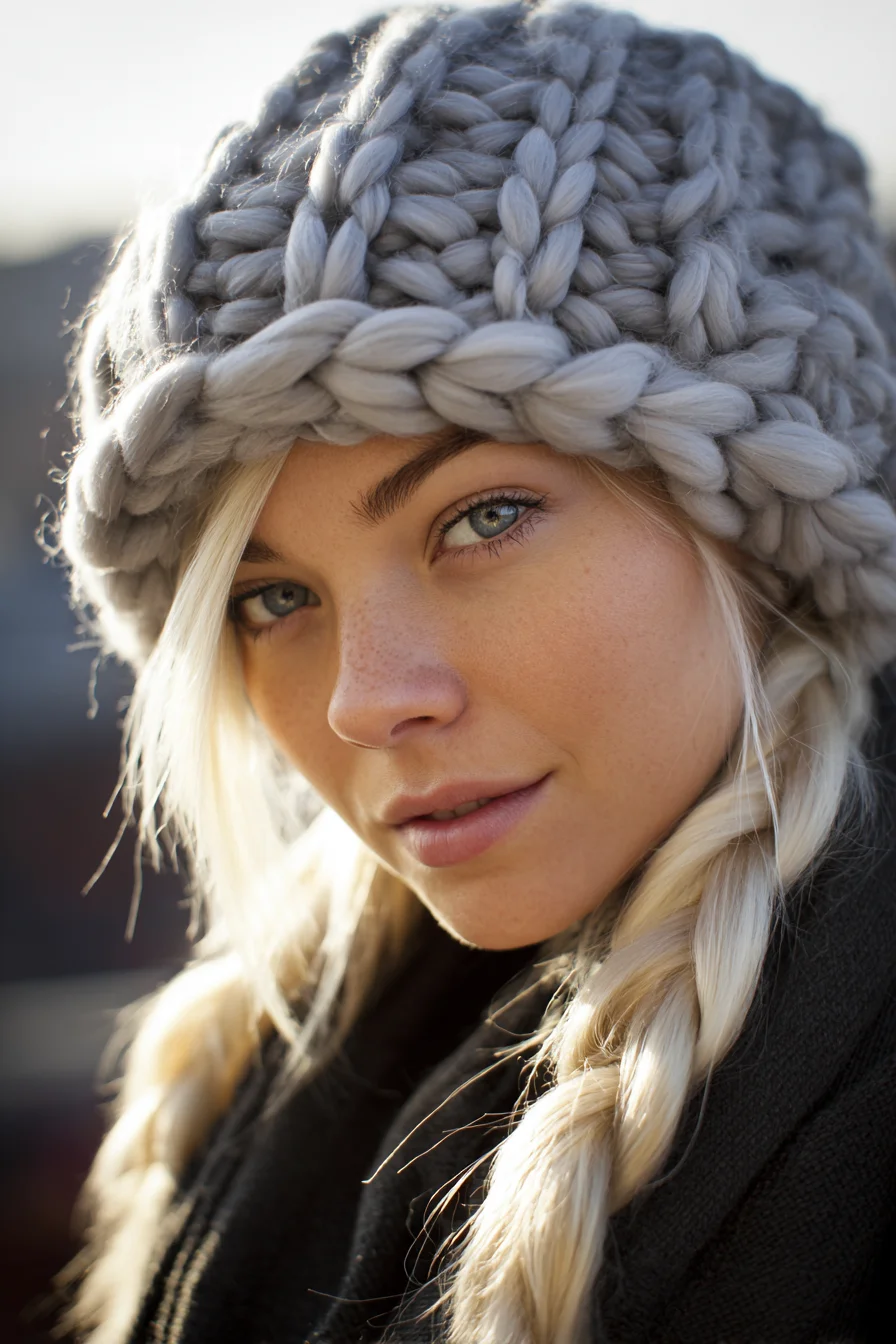 Low Double Braids with Side-Swept Fringe — Casual Winter Braid for Long Hair