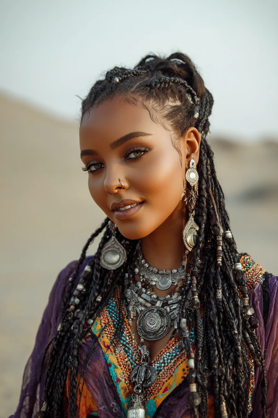 Micro Box Braids with Beads and Half-Up Ponytail