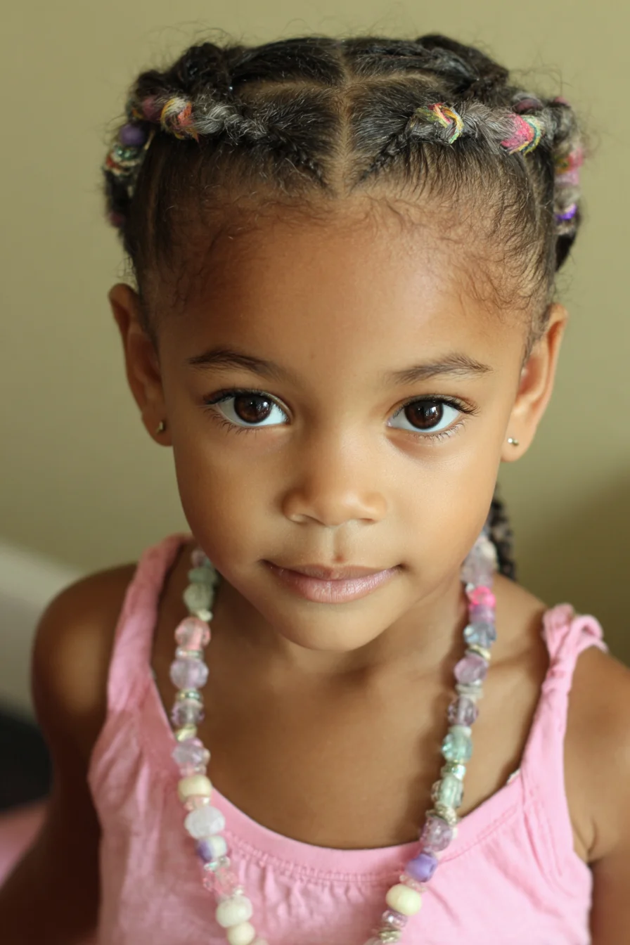 Mini Cornrow Crown with Wrapped Knot Buns and Yarn Beads (Kids / Textured Hair)