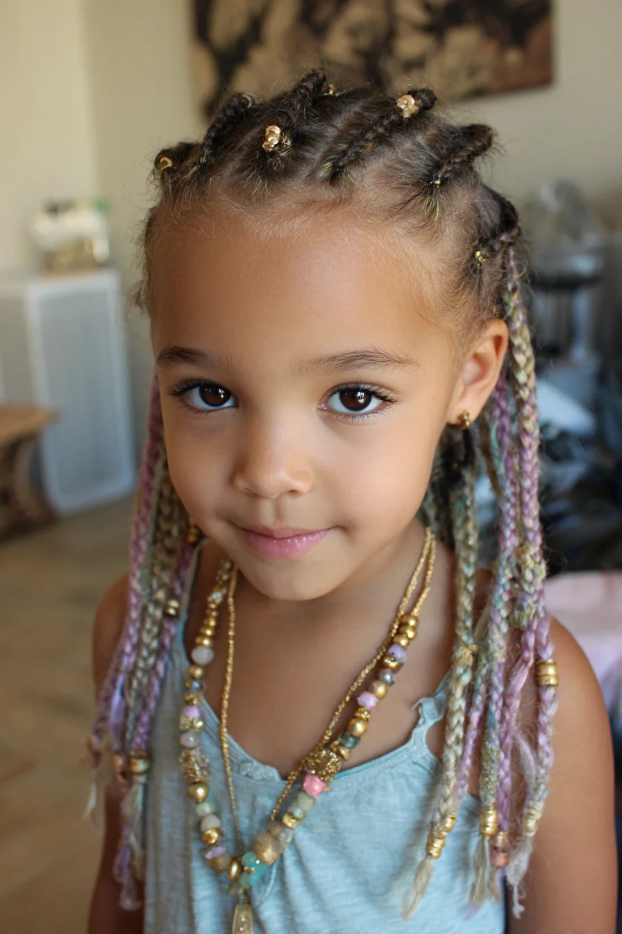 Mini Cornrows with Pastel Micro‑Braids and Gold Bead Accents
