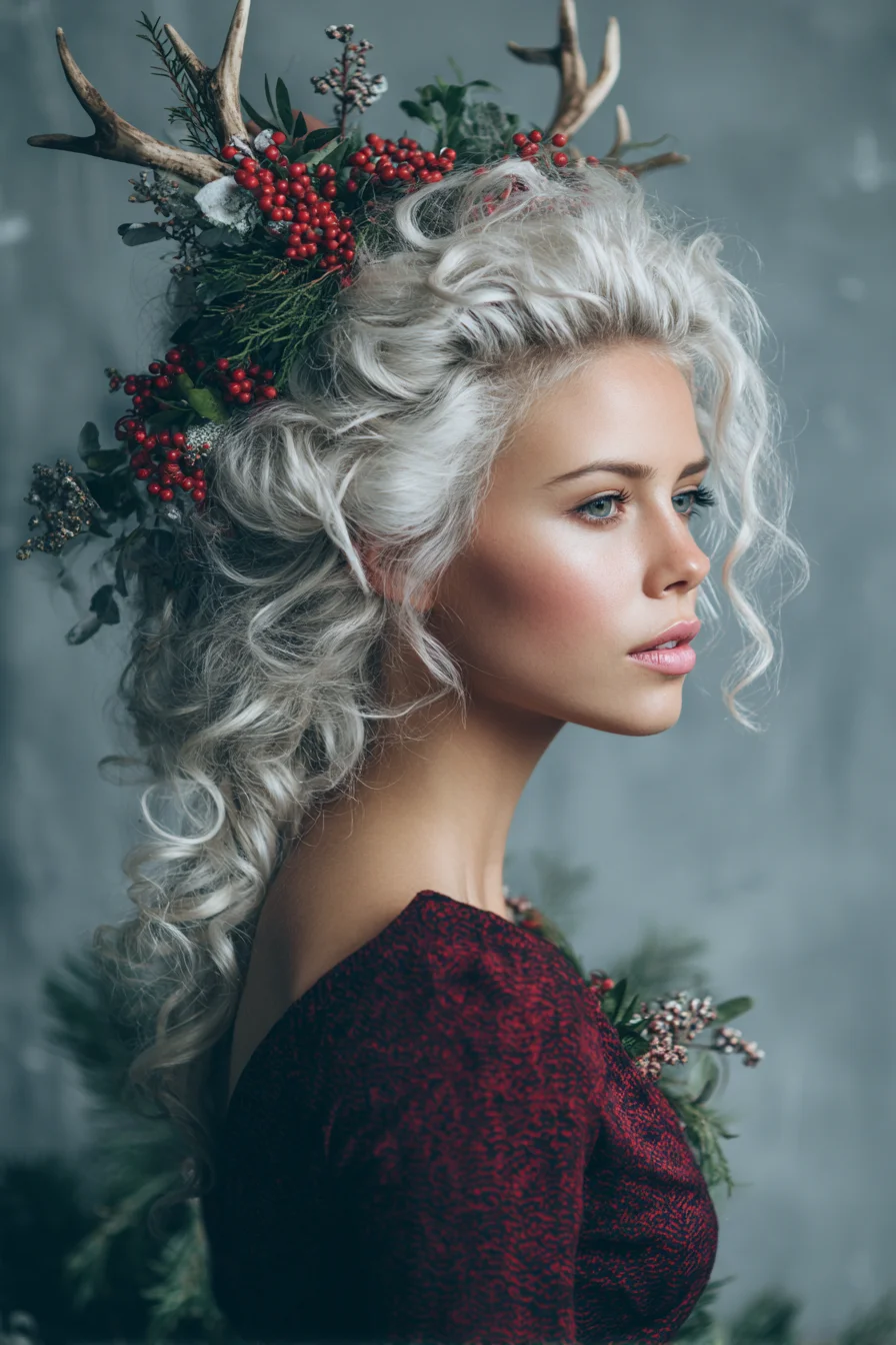 Platinum Curly Half‑Up with Floral Crown