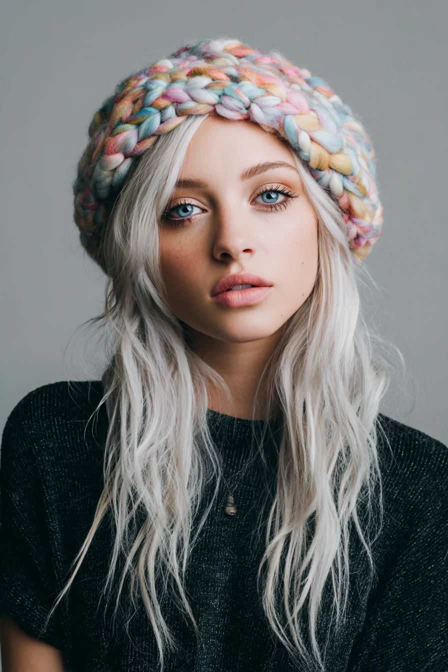 Platinum Long Hair — Textured Beach Waves with Chunky Knit Beanie