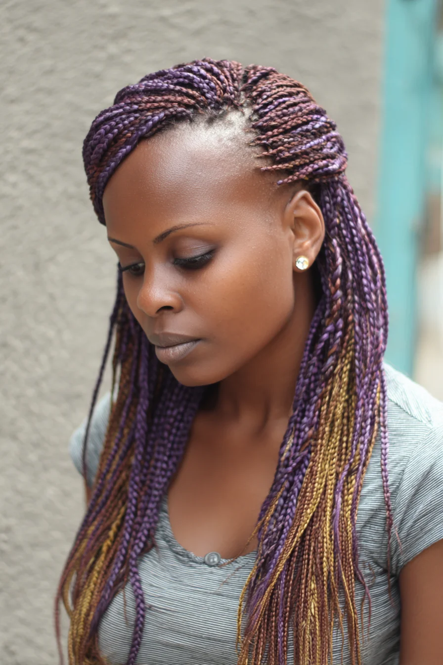 Purple Ombre Micro Box Braids with Side-Swept Crown Twist