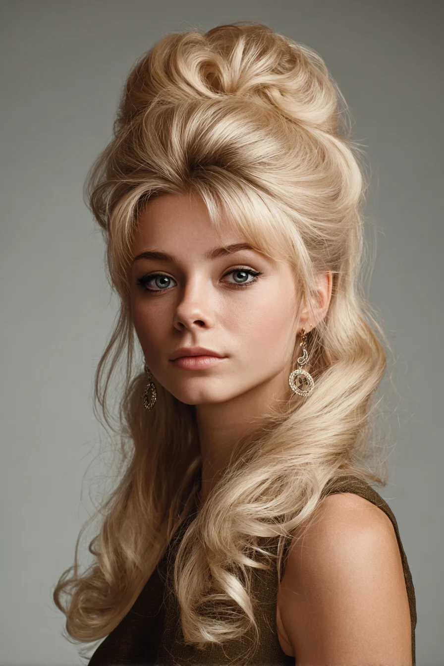 Retro Voluminous Bouffant with Soft Curls and Curtain Bangs