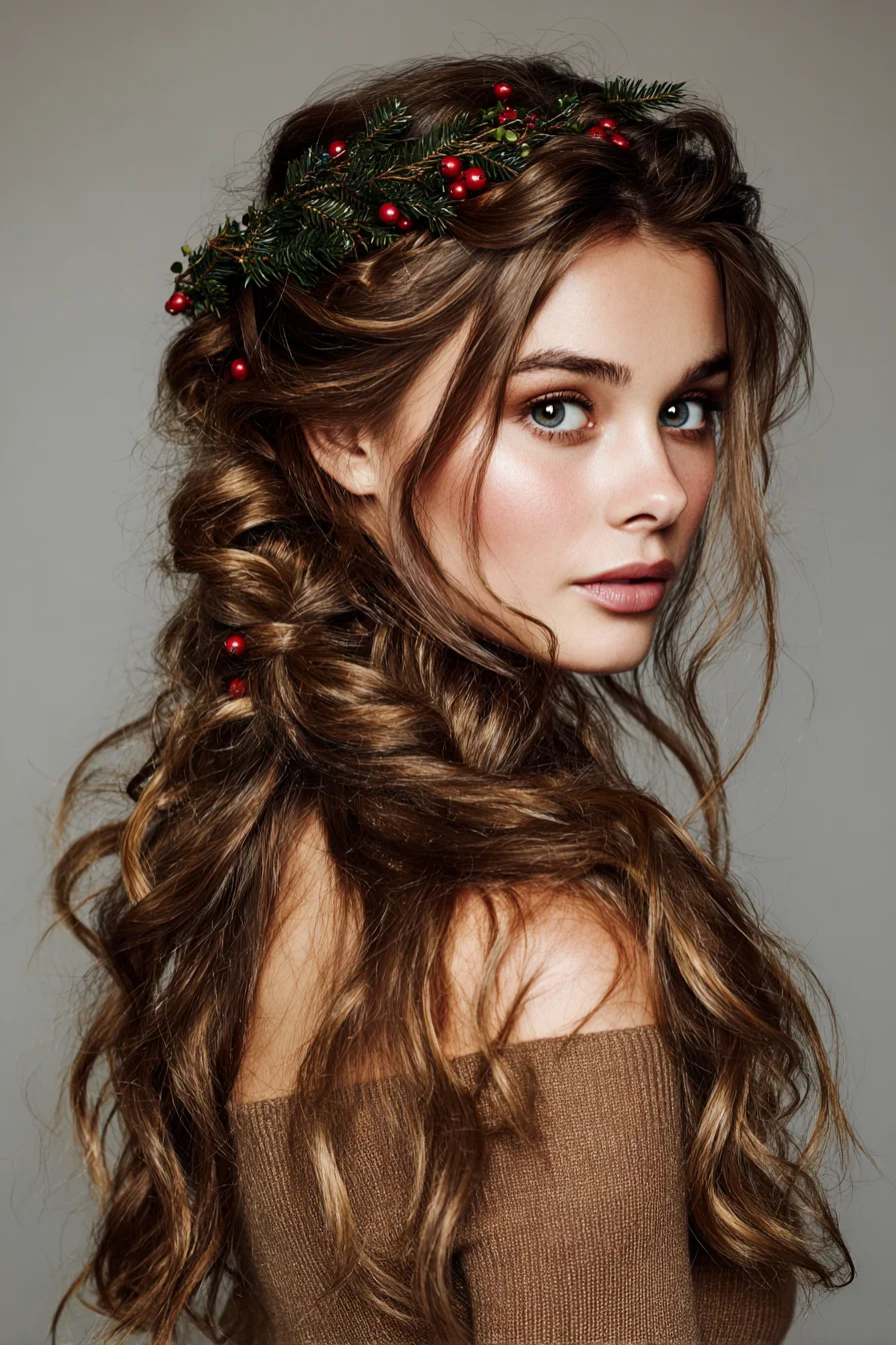 Romantic Boho Half‑Up Twisted Braid with Festive Berry Accents