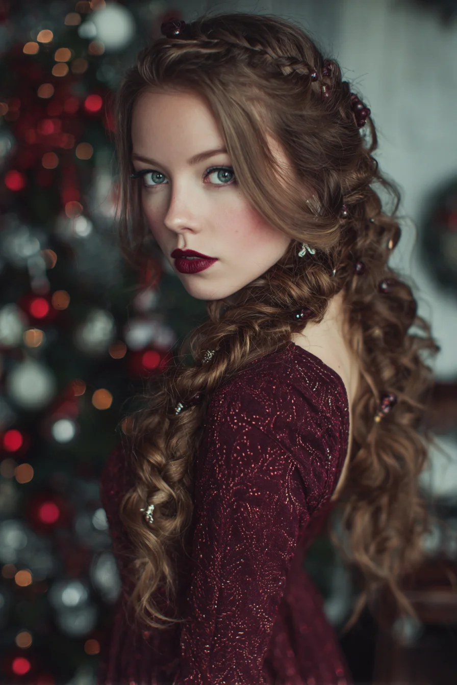Romantic Boho Side Braids with Loose Curls and Beaded Accents