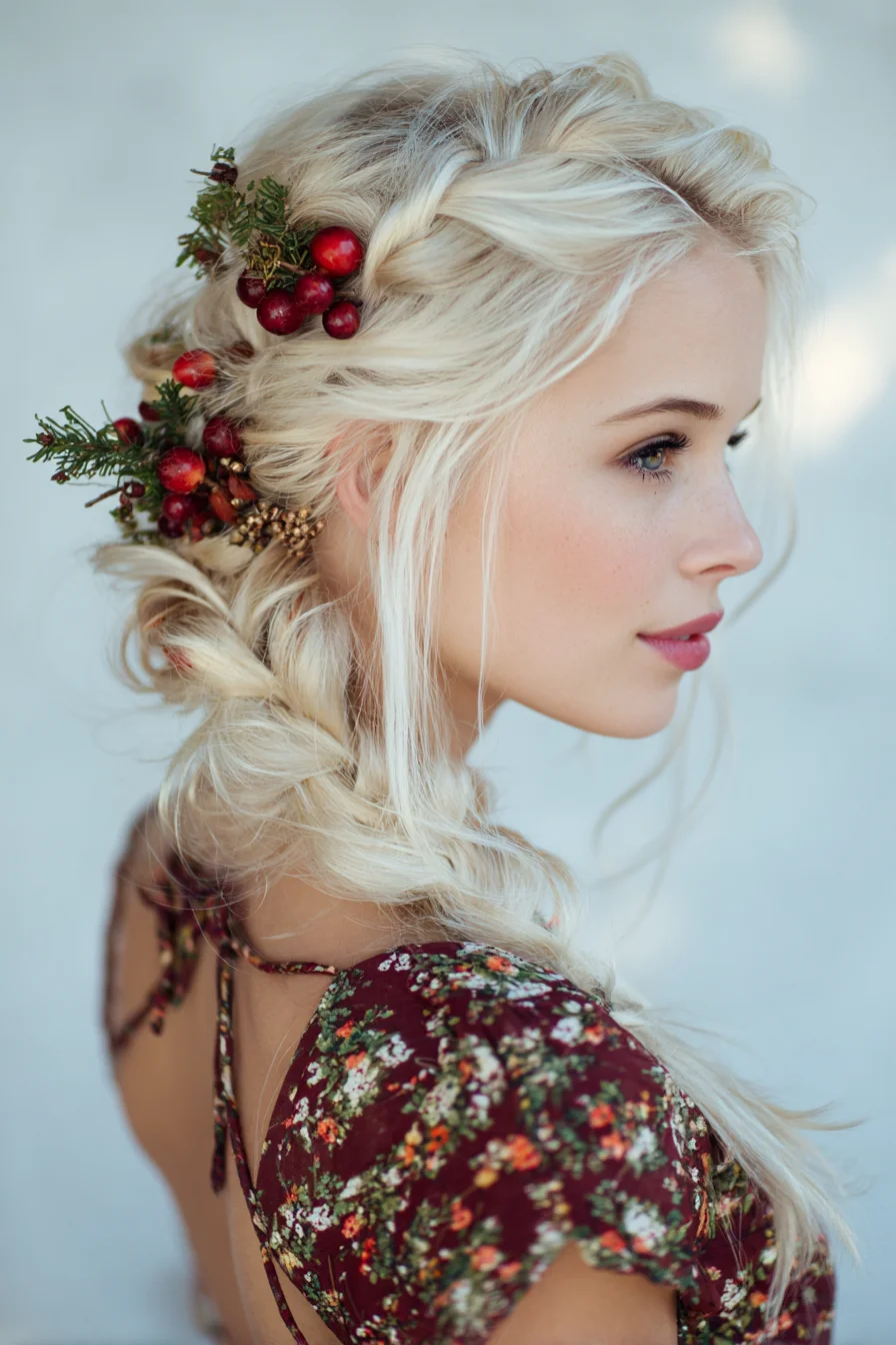 Romantic Boho Twisted Side Braid with Berry & Greenery Accents