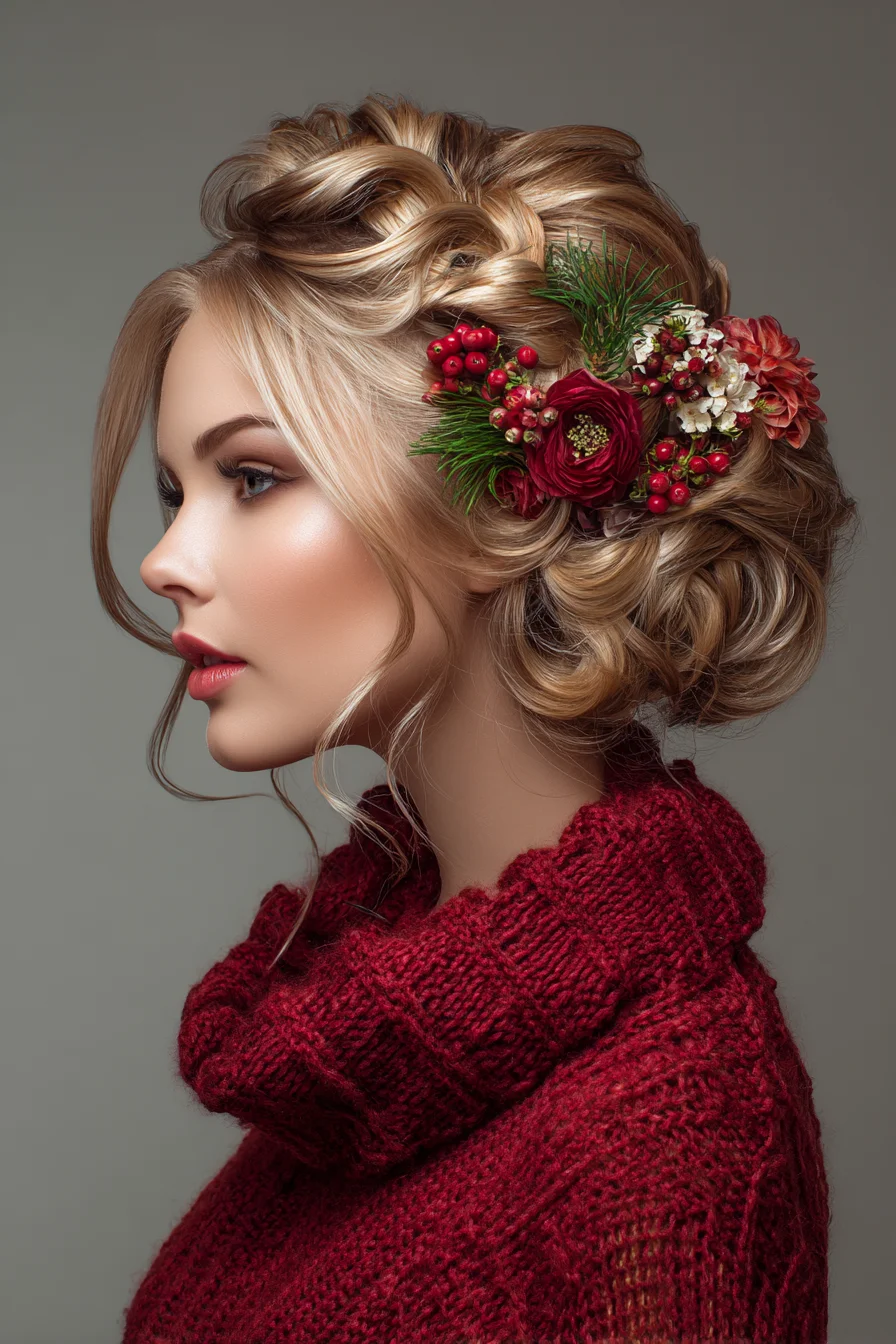 Romantic Braided Chignon Updo with Festive Floral Accents for Medium–Thick Hair