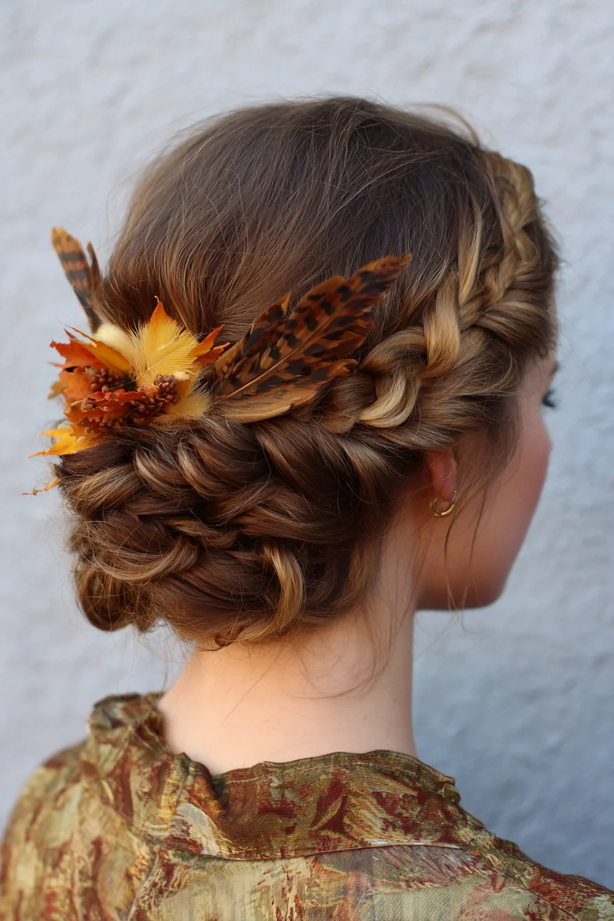 Romantic Braided Crown Low Bun with Feather Accent