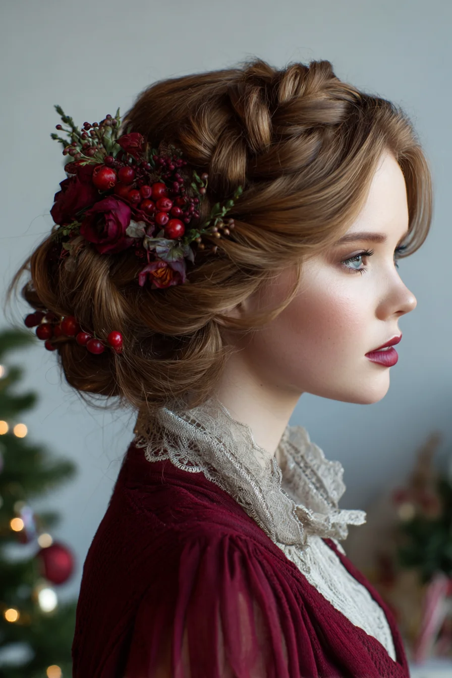Romantic Braided Low Chignon with Floral Accents