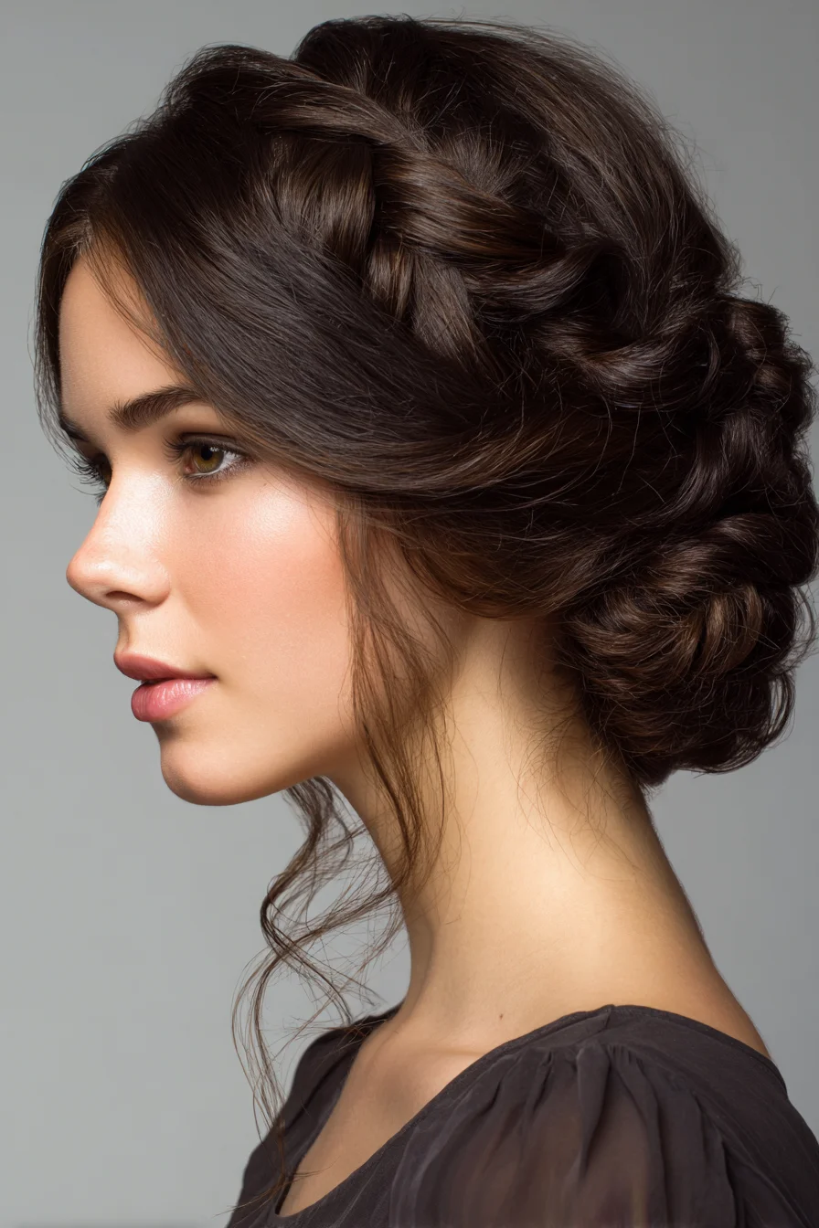 Romantic Braided Low Chignon with Textured Face‑Framing Tendrils