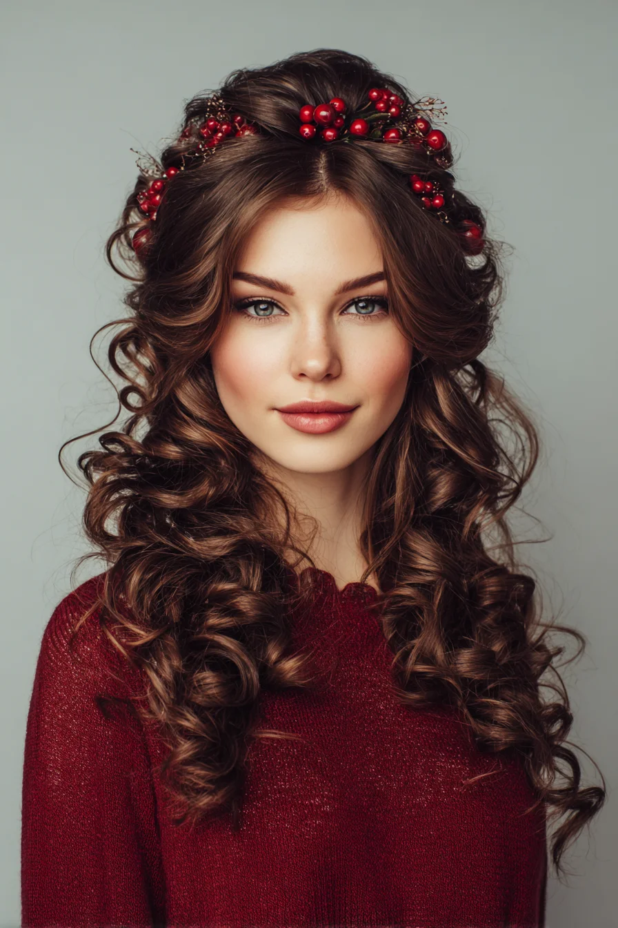 Romantic Half-Up Curls with Braided Crown and Berry Accents