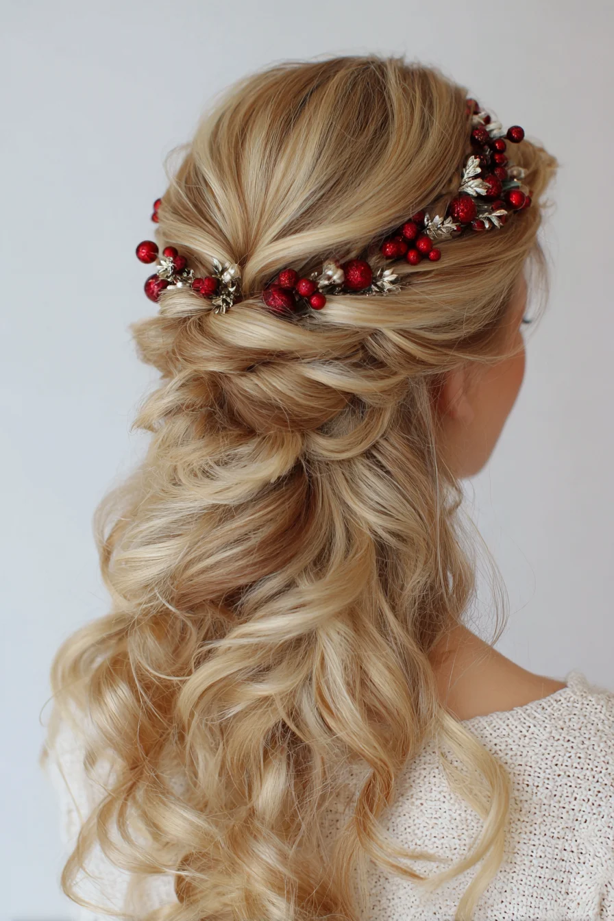 Romantic Half-Up Twisted Curls with Festive Berry Hairpiece
