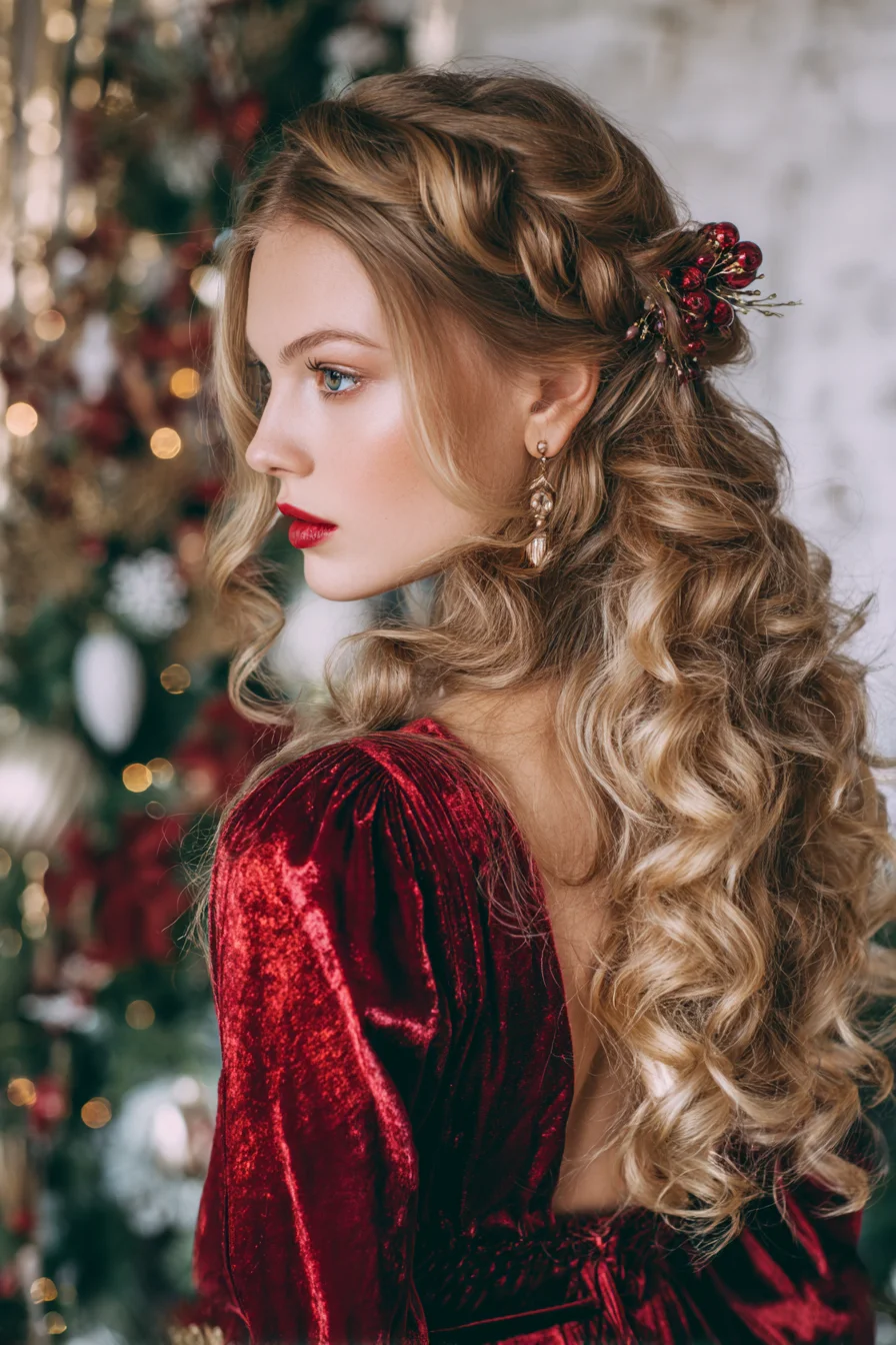 Romantic Half-Up Twisted Curls with Floral Hairpiece