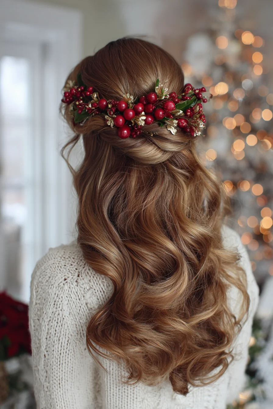 Romantic Half‑Up Twisted Knot with Festive Berry Crown — Loose Salon Waves