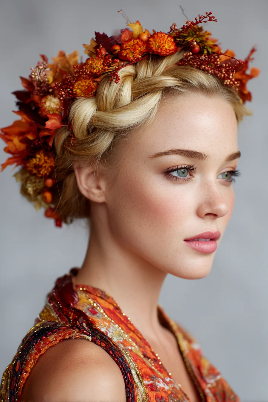 Romantic Halo (Crown) Braid Updo with Autumn Floral Accents