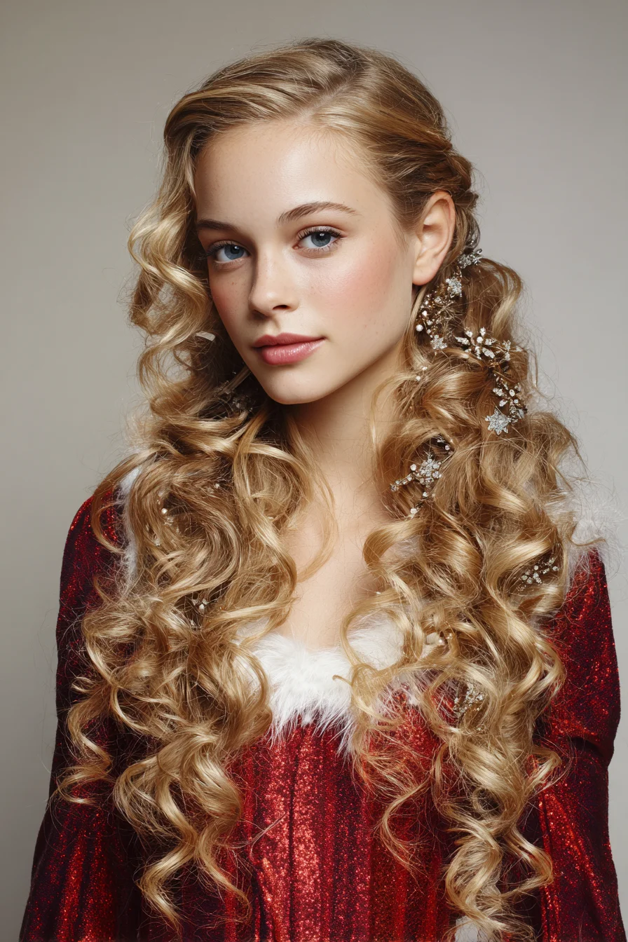 Romantic Long Golden Curls with Side‑Swept Floral Accents