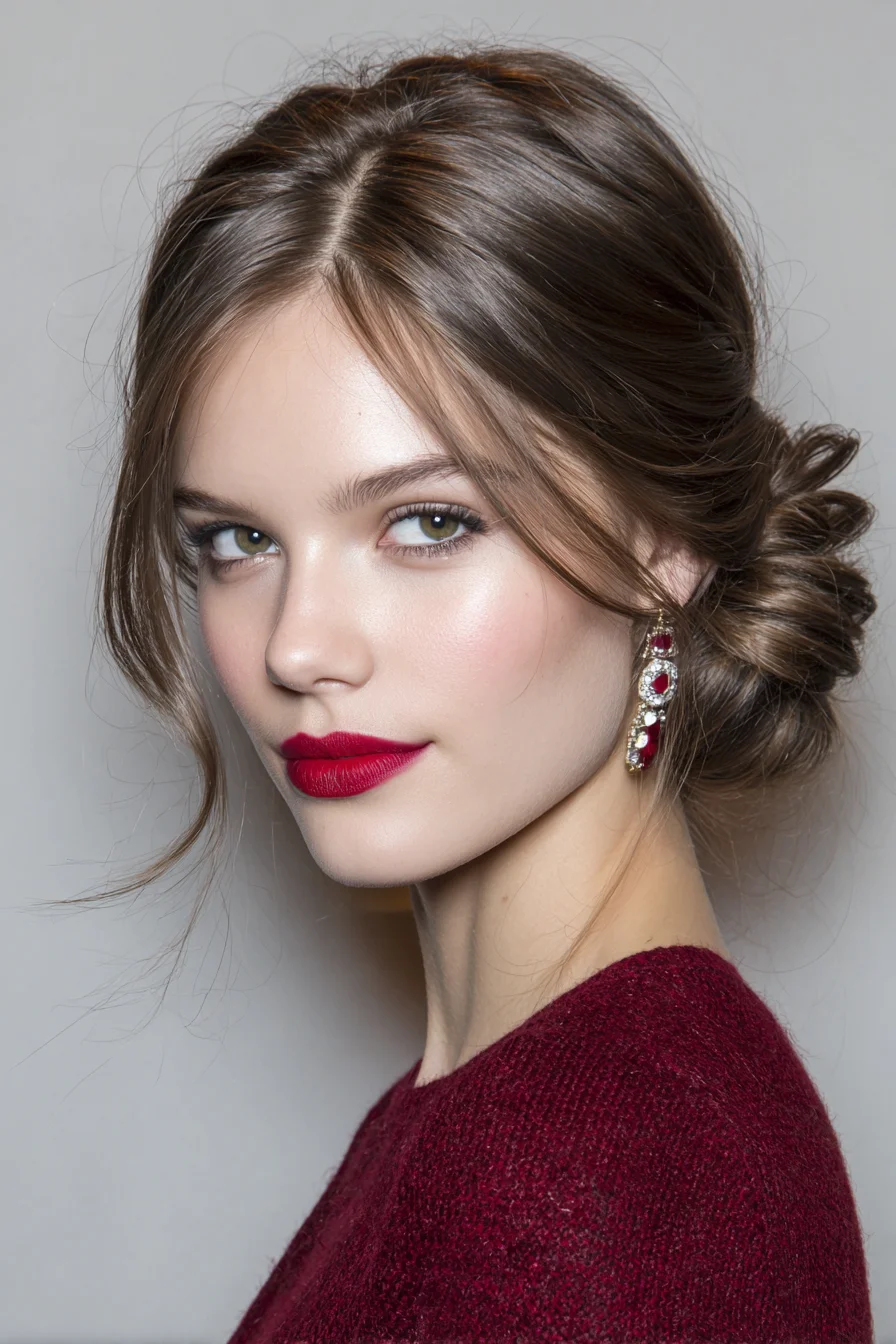 Romantic Low Messy Chignon with Face‑Framing Tendrils