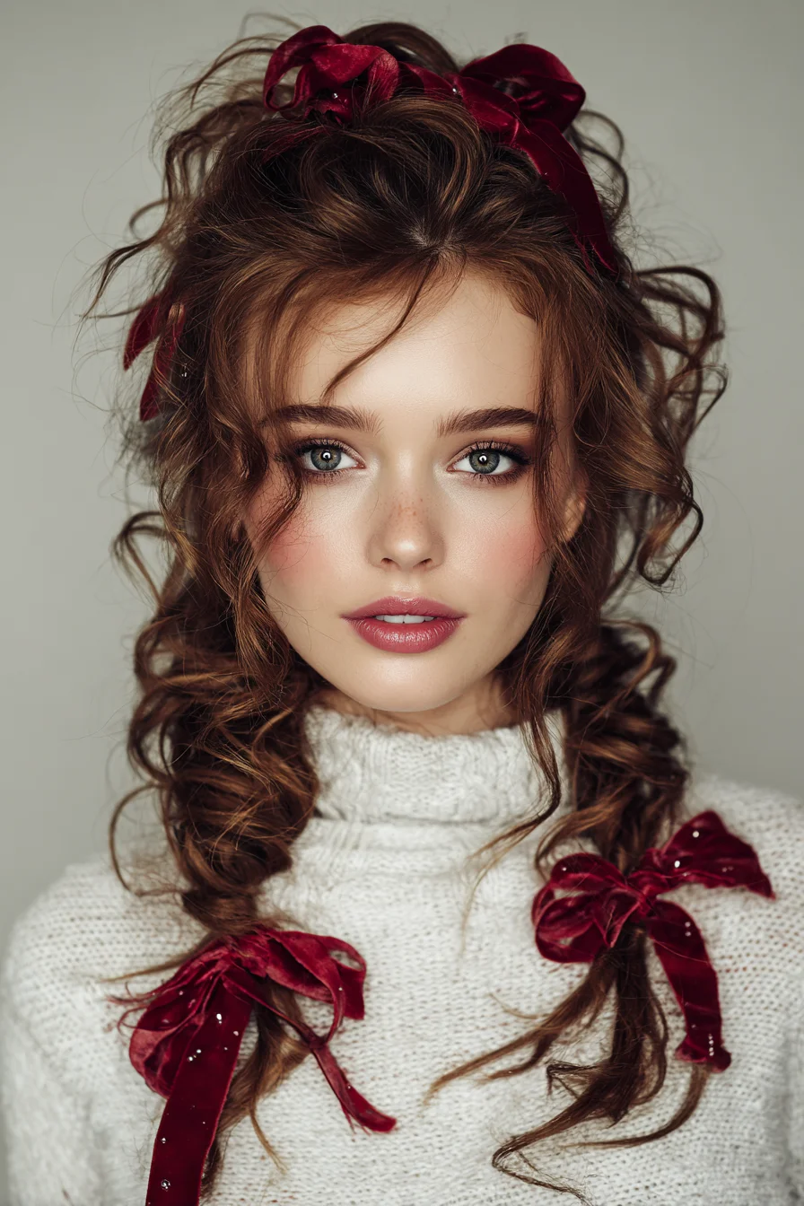 Romantic Messy Curly Twin Braids with Velvet Ribbon Accents