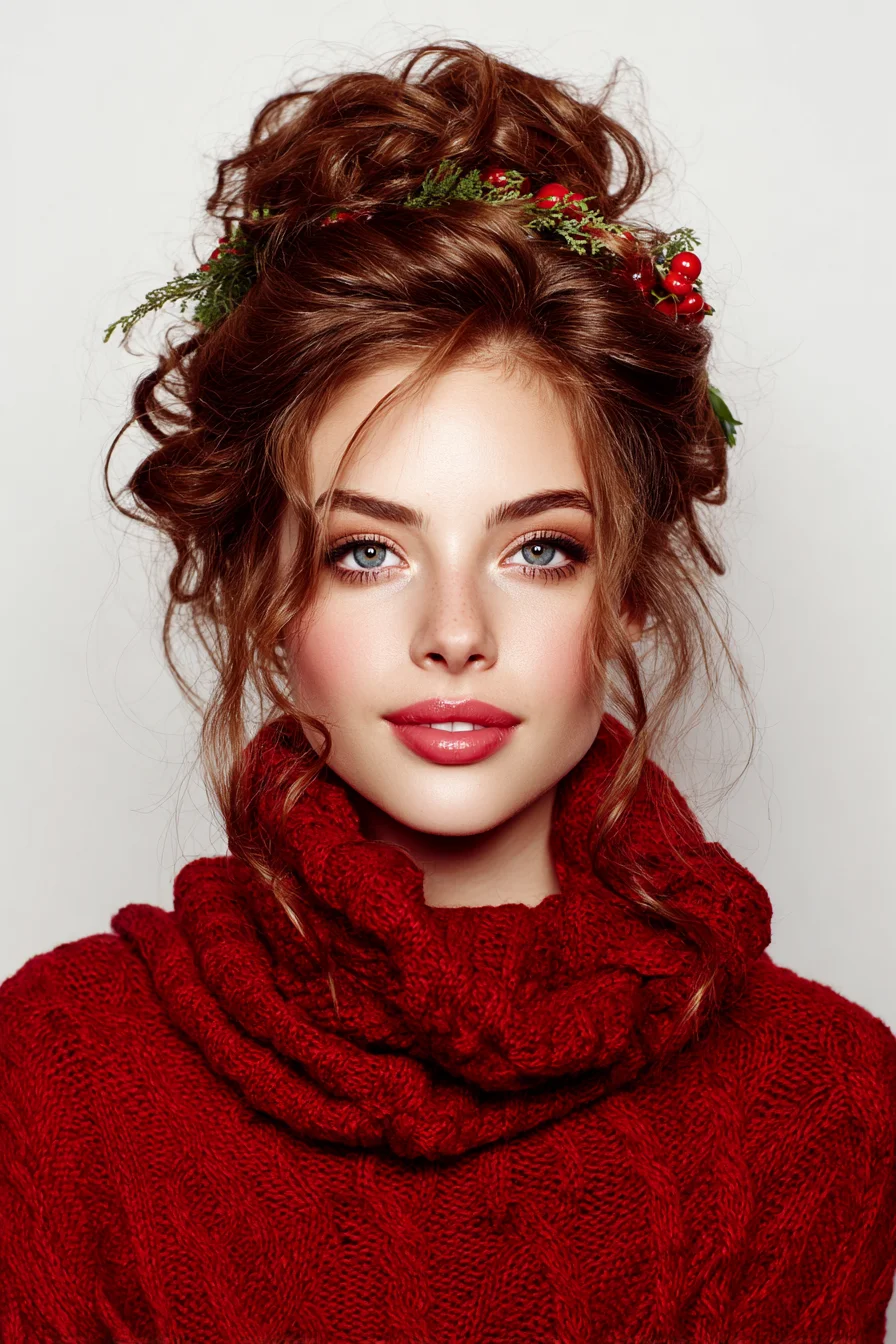 Romantic Messy Curly Updo with Floral Accents