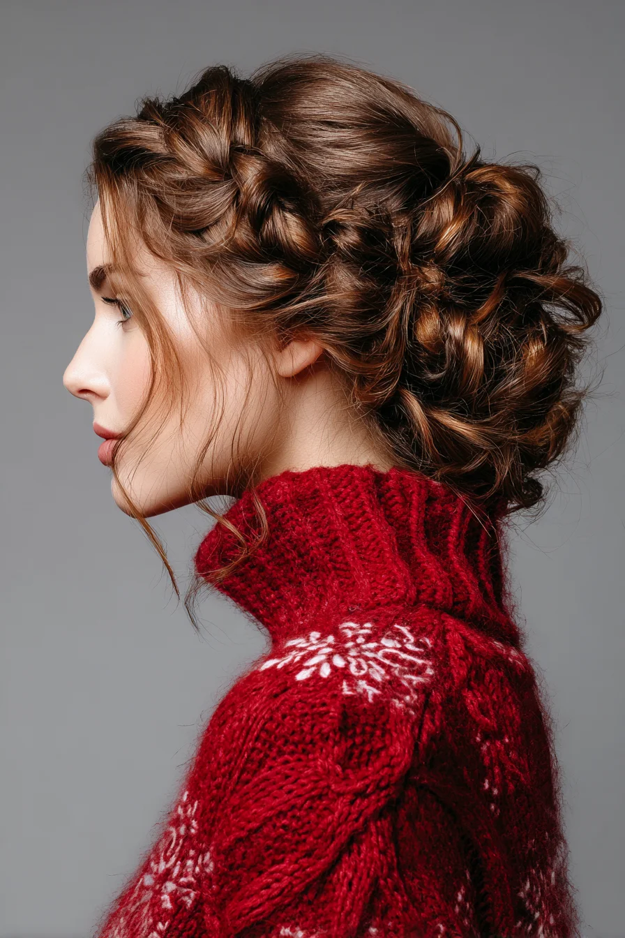 Romantic Textured Braided Low Updo with Loose Curls