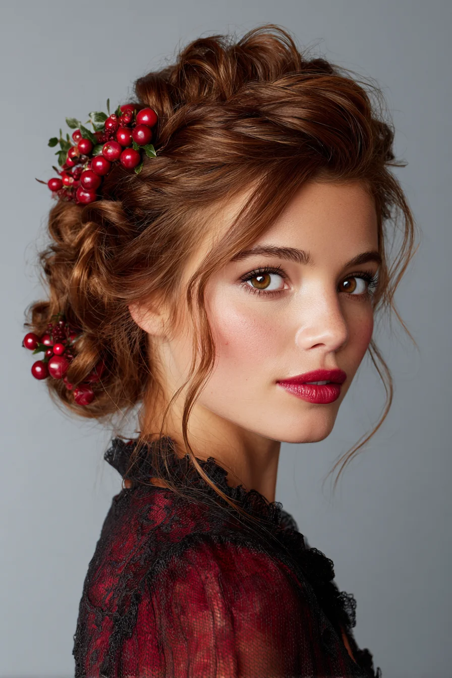 Romantic Textured Low Bun with Berry Floral Accents