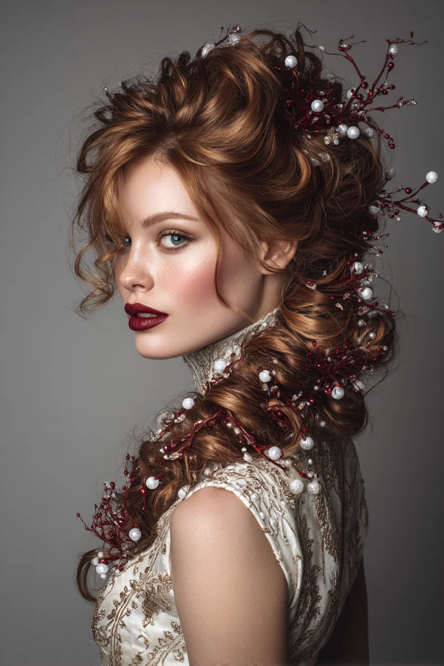 Romantic Textured Side Braid Updo with Berry Accent Accessories