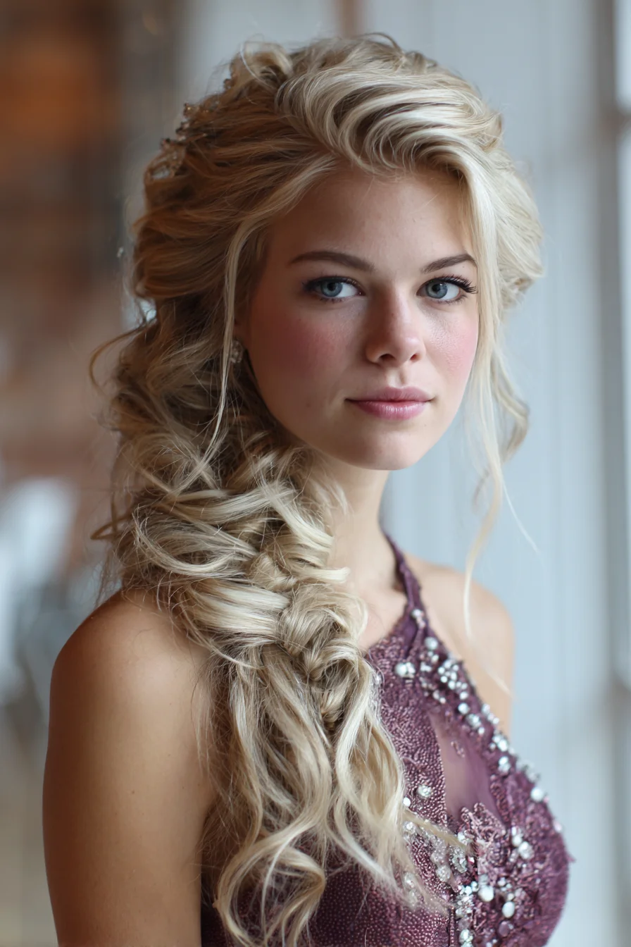 Romantic Textured Side Fishtail Braid with Loose Curls