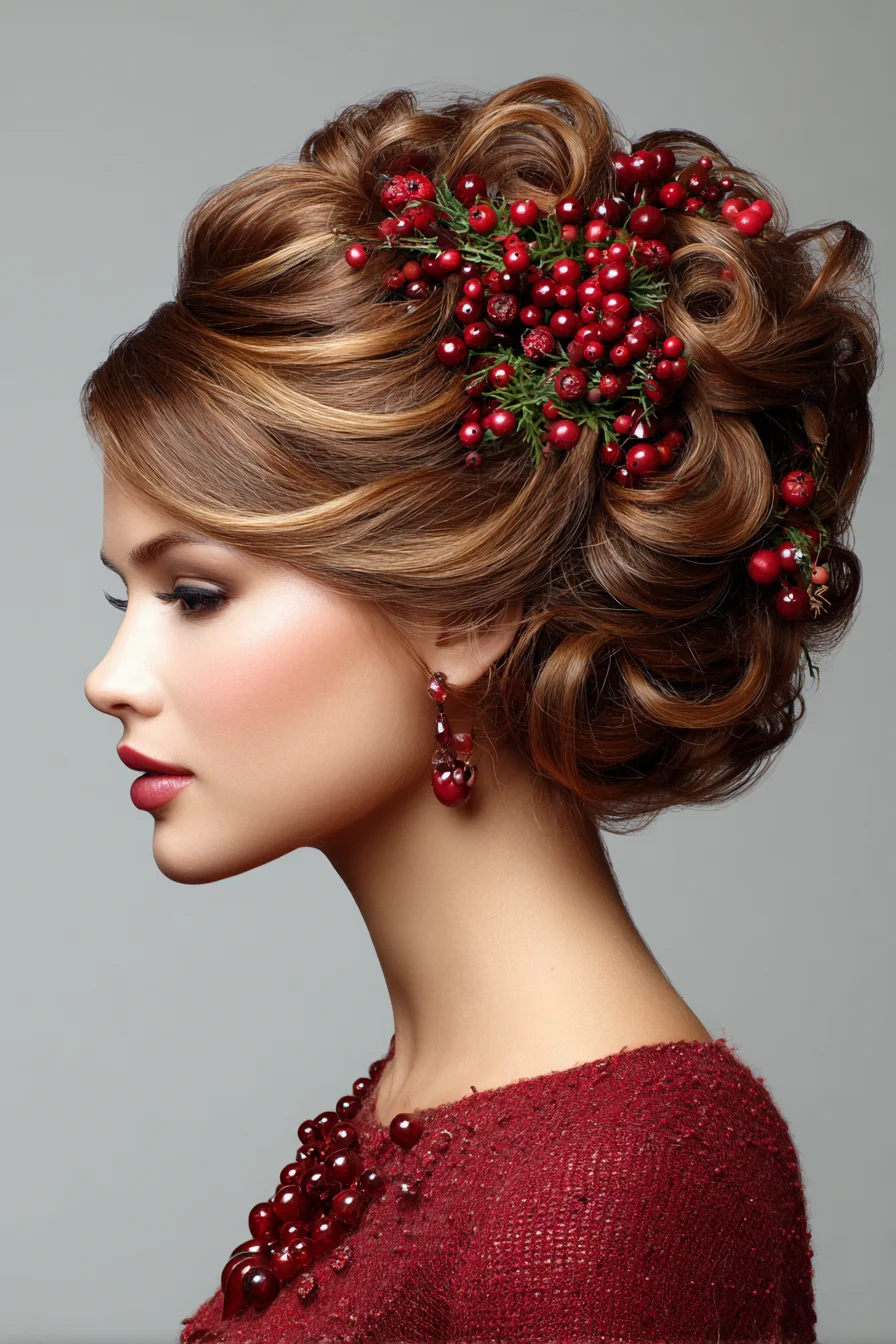 Romantic Textured Side Updo with Berry Accessory (Textured Chignon)
