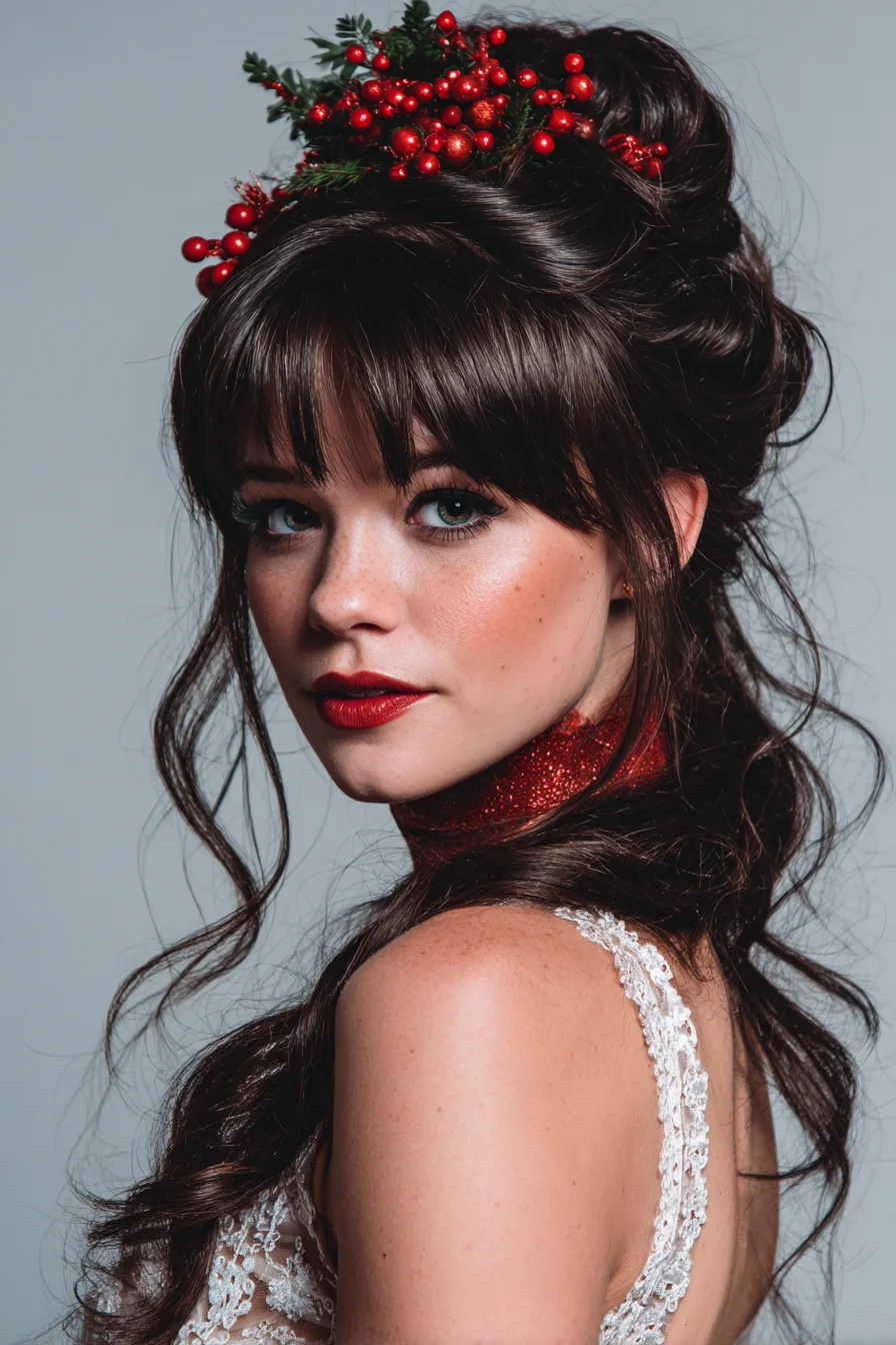 Romantic Textured Updo with Curtain Bangs and Loose Tendrils