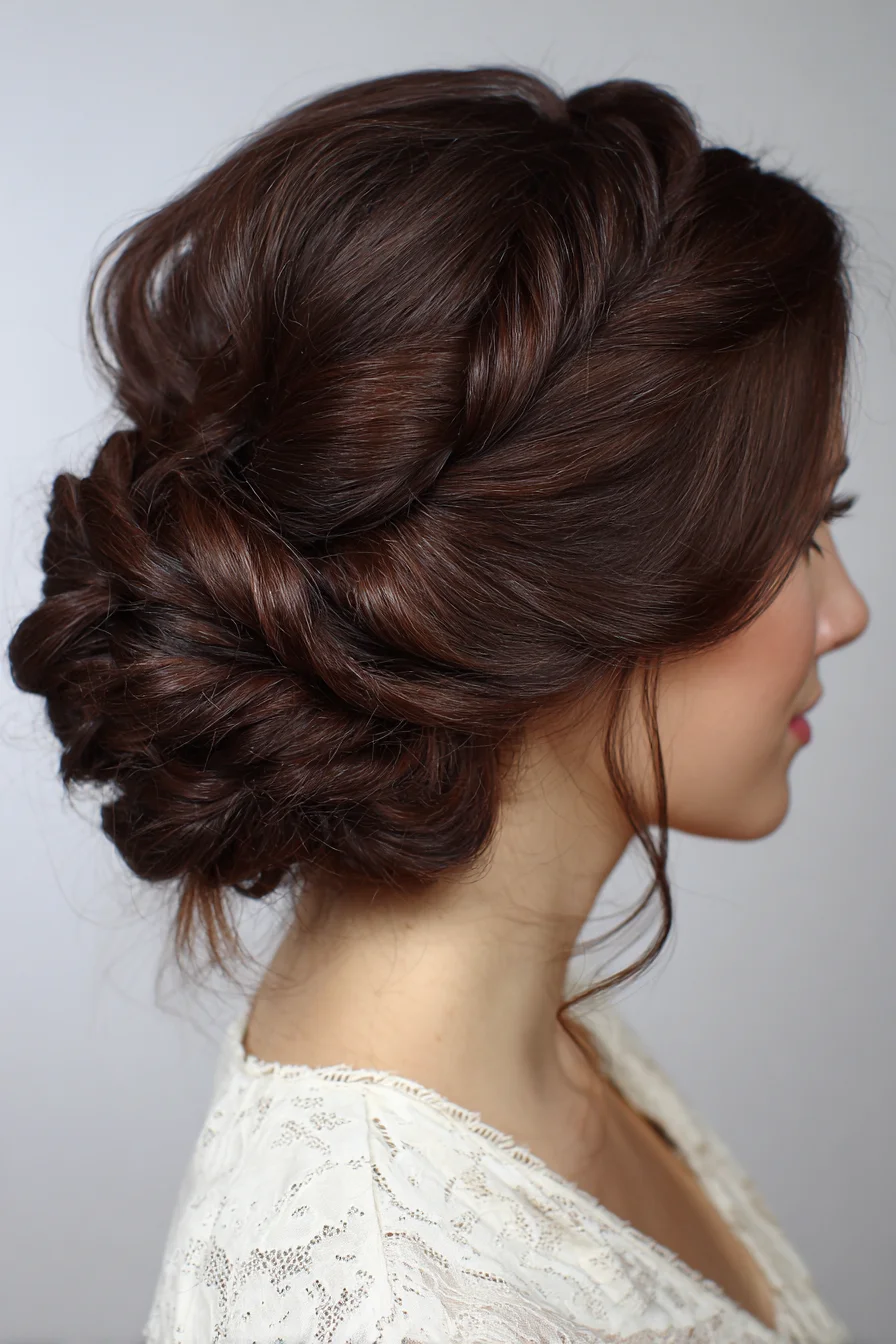 Romantic Twisted Low Bun Updo — Textured Braided Chignon for Weddings