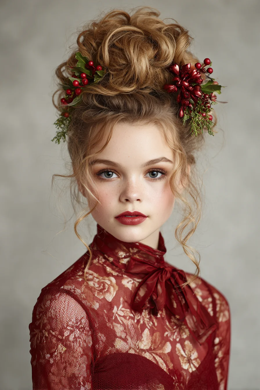 Romantic Voluminous Curly High Bun with Floral Accents