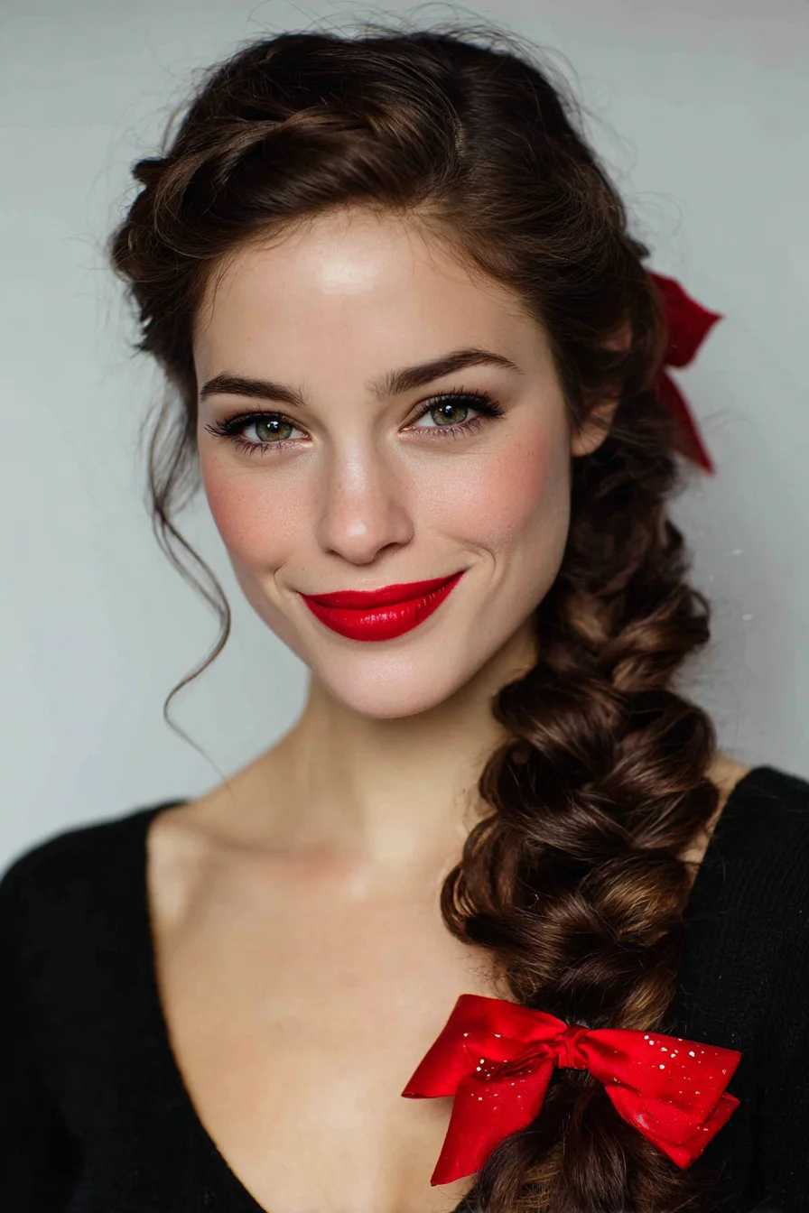 Romantic Voluminous Side Braid with Red Ribbon Accent