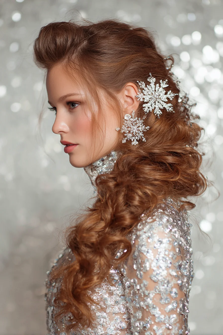 Romantic Voluminous Side‑Swept Curls with Sparkling Bridal Hairpins