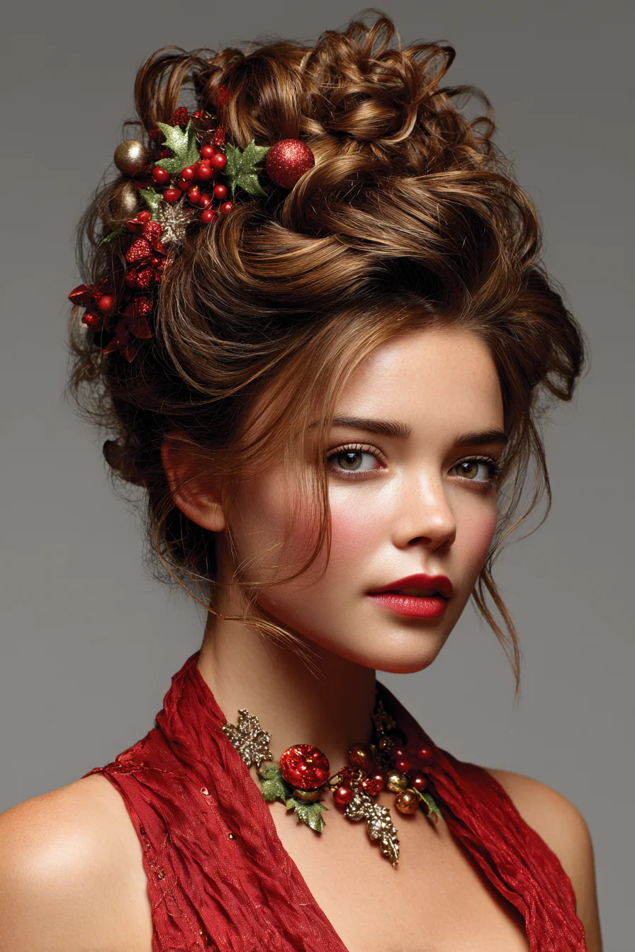 Romantic Voluminous Textured Updo with Festive Accessories
