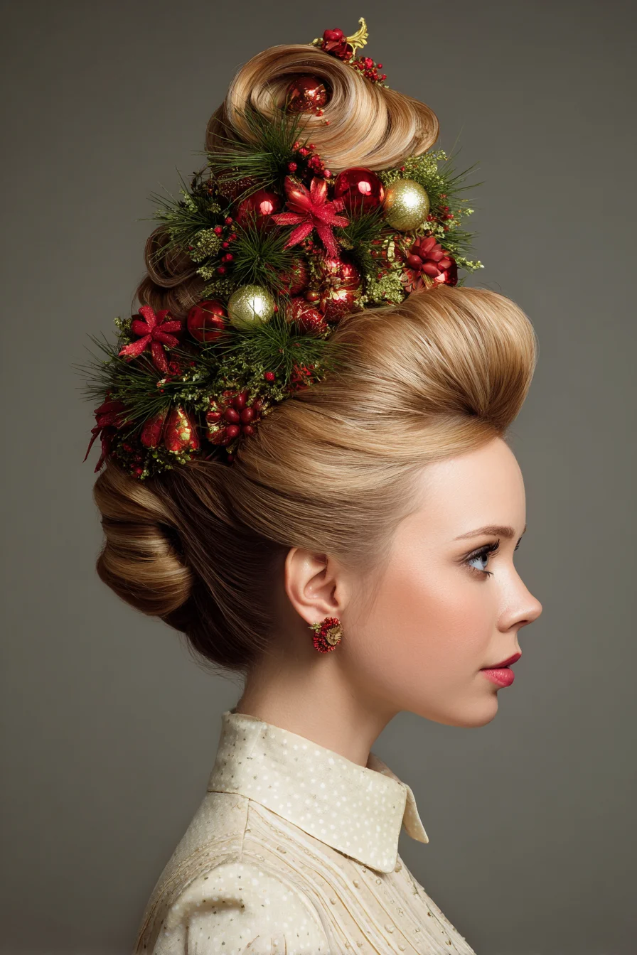 Sculpted Holiday Updo with Rolled Crown and Festive Floral Accents