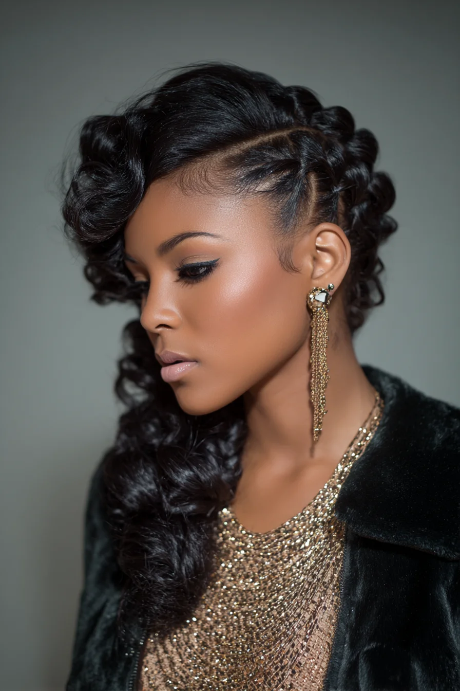 Sculpted Side Cornrows with Vintage Finger Waves and Textured Cascade