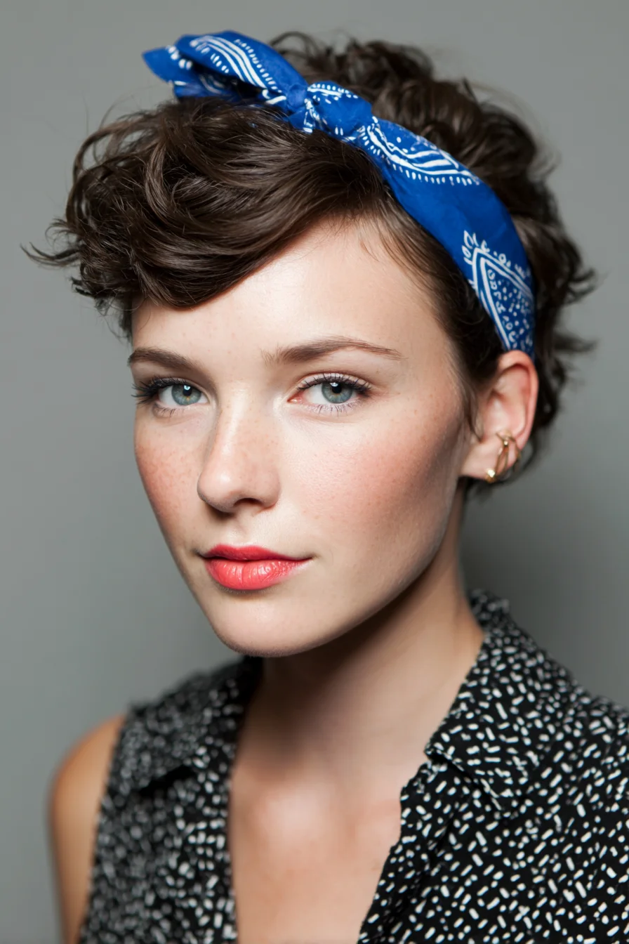Short Curly Pixie with Bandana Accent