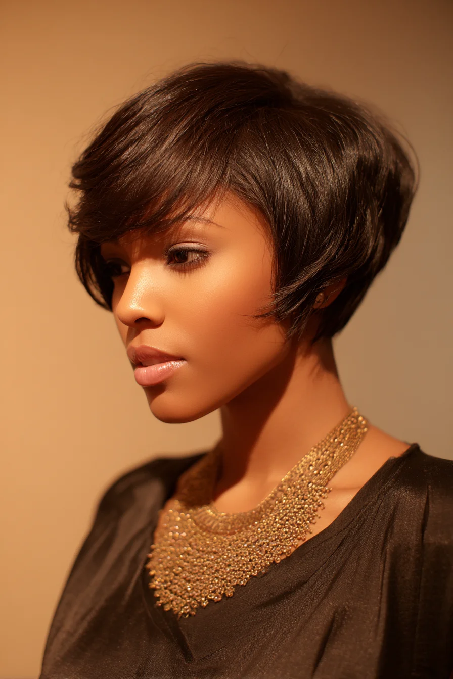 Short Layered Pixie-Bob with Side‑Swept Bangs — Sleek Textured Finish