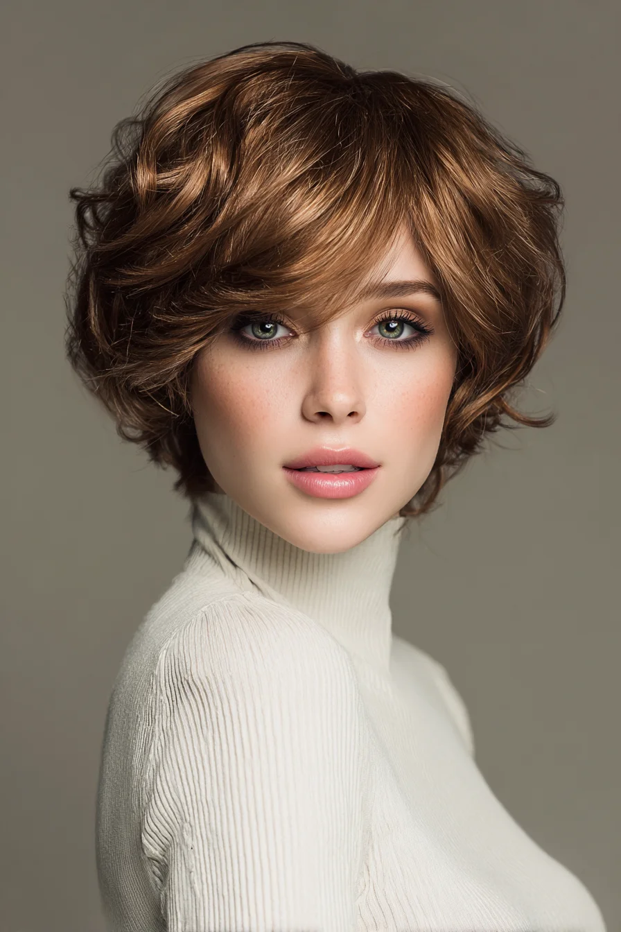 Short Layered Tousled Bob with Side‑Swept Fringe